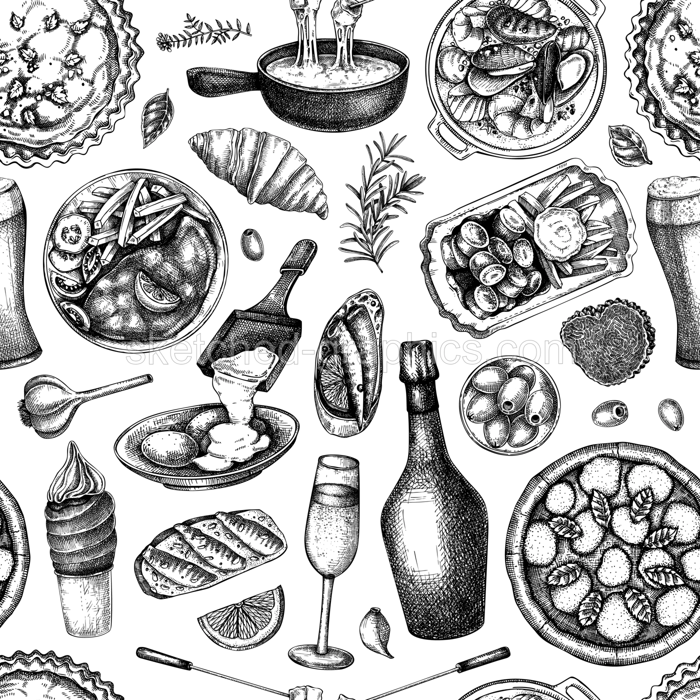 European food background. Traditional Europe cusine seamless pattern. Hand drawn vector illustration. Perfect restaurant menu, packaging, prints. NOT AI generated Illustration